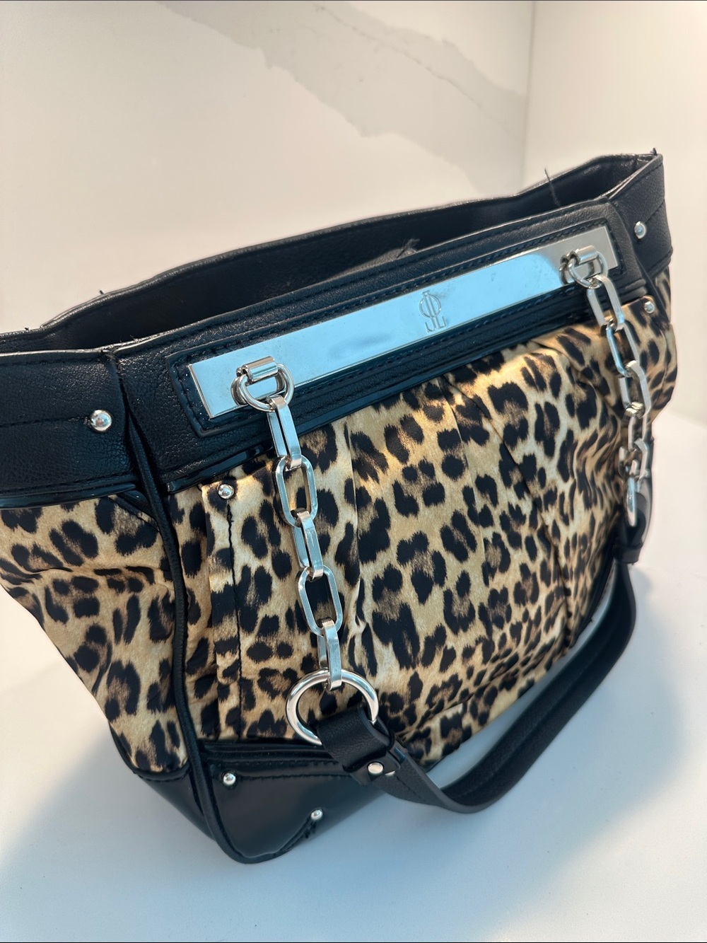 Leopard Print Tote with Black Trim and Silver Chain Accents - Picture 10 of 11